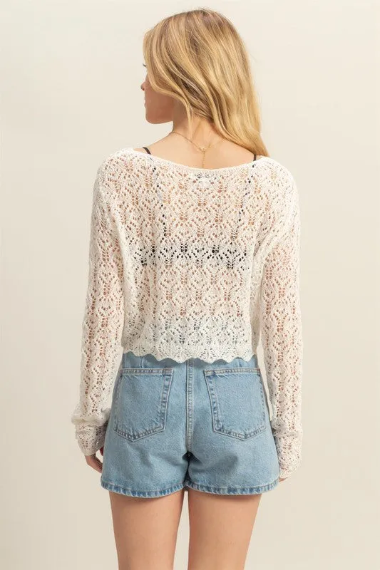 White Crochet Round Neck Cropped Knit Cover Up