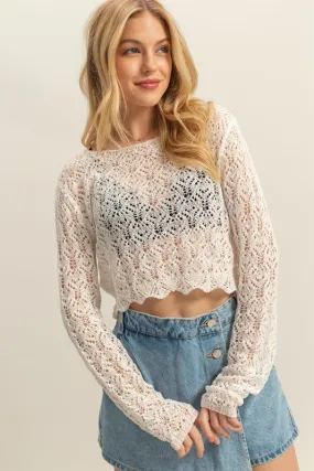 White Crochet Round Neck Cropped Knit Cover Up