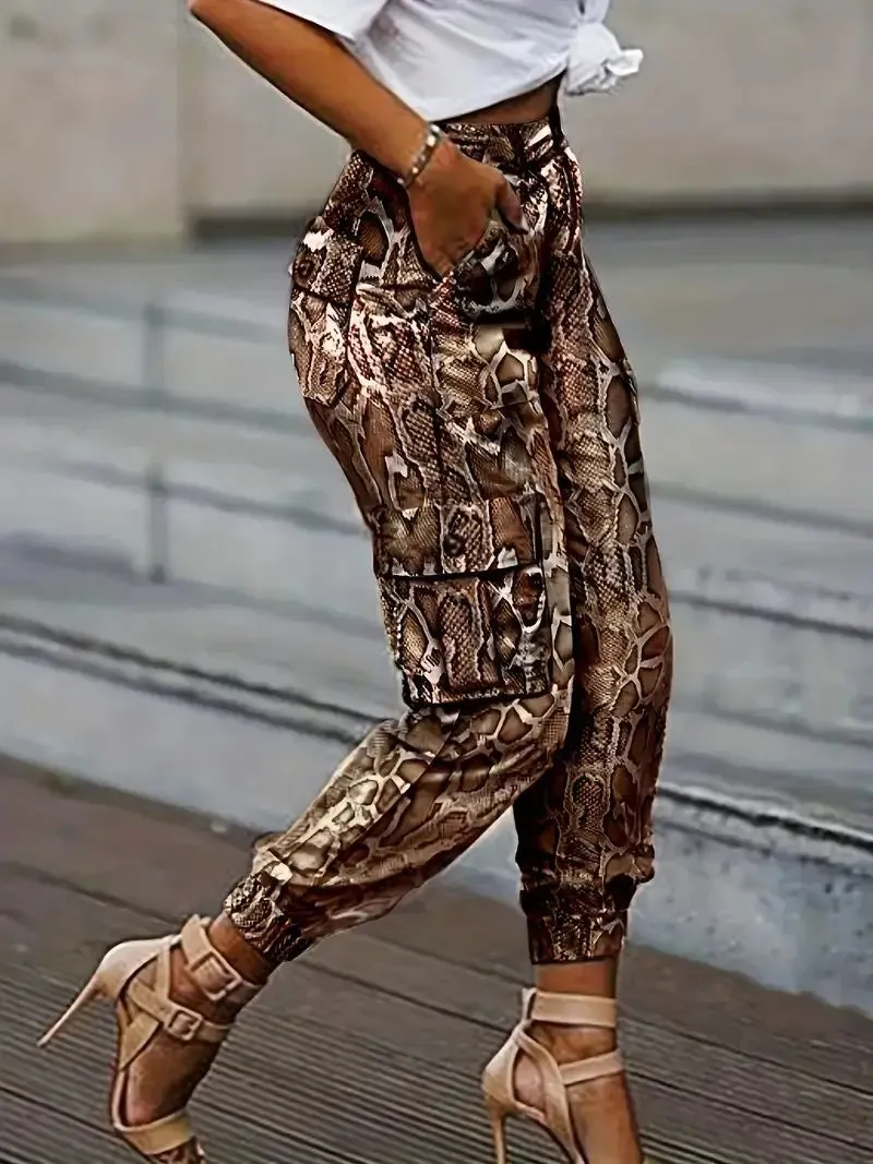 Women's High-Waisted Snakeskin Print Joggers with Pockets