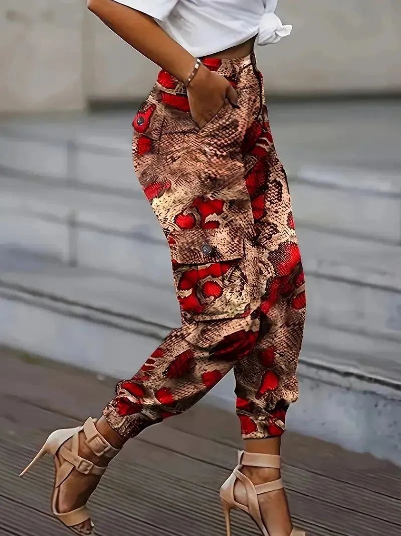 Women's High-Waisted Snakeskin Print Joggers with Pockets