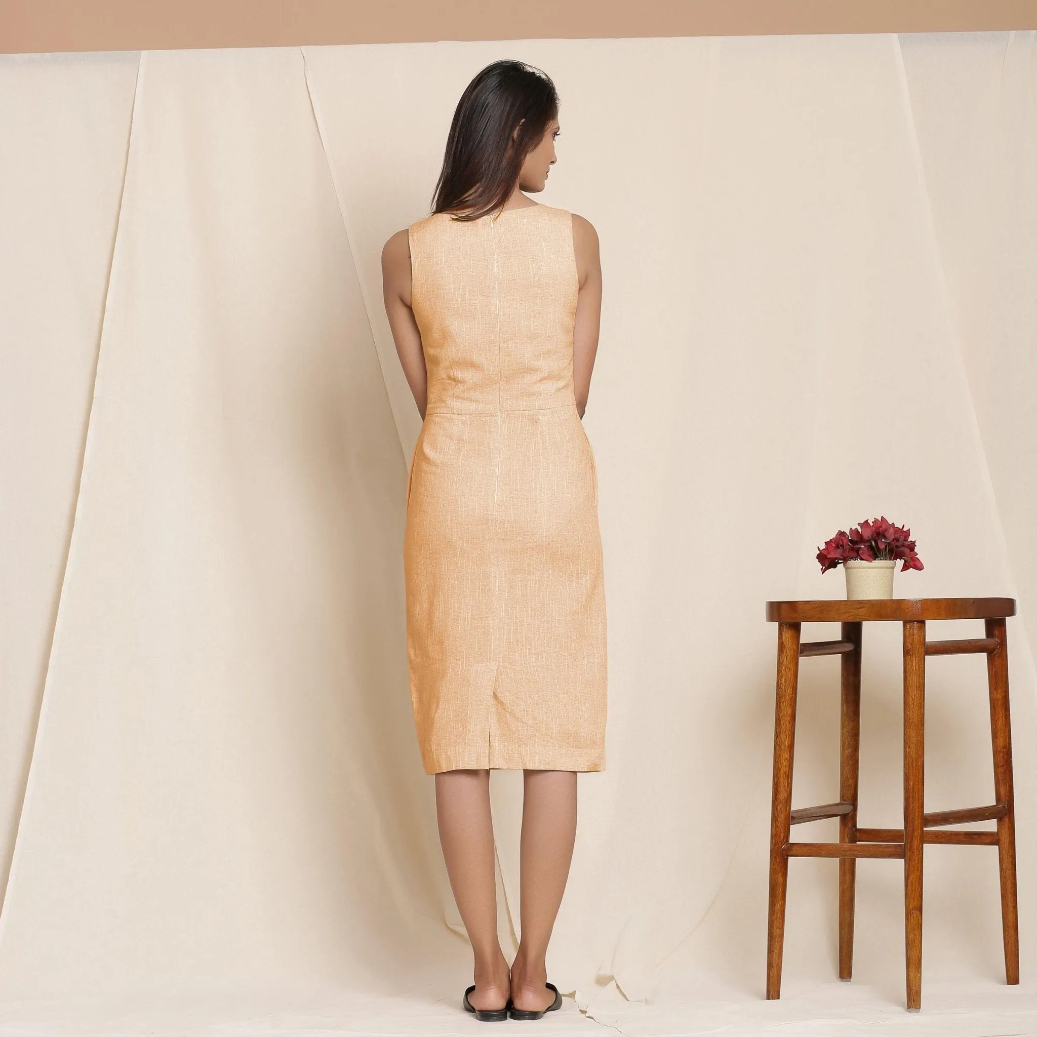 Yellow Yarn Dyed Cotton Knee Length Sheath Dress
