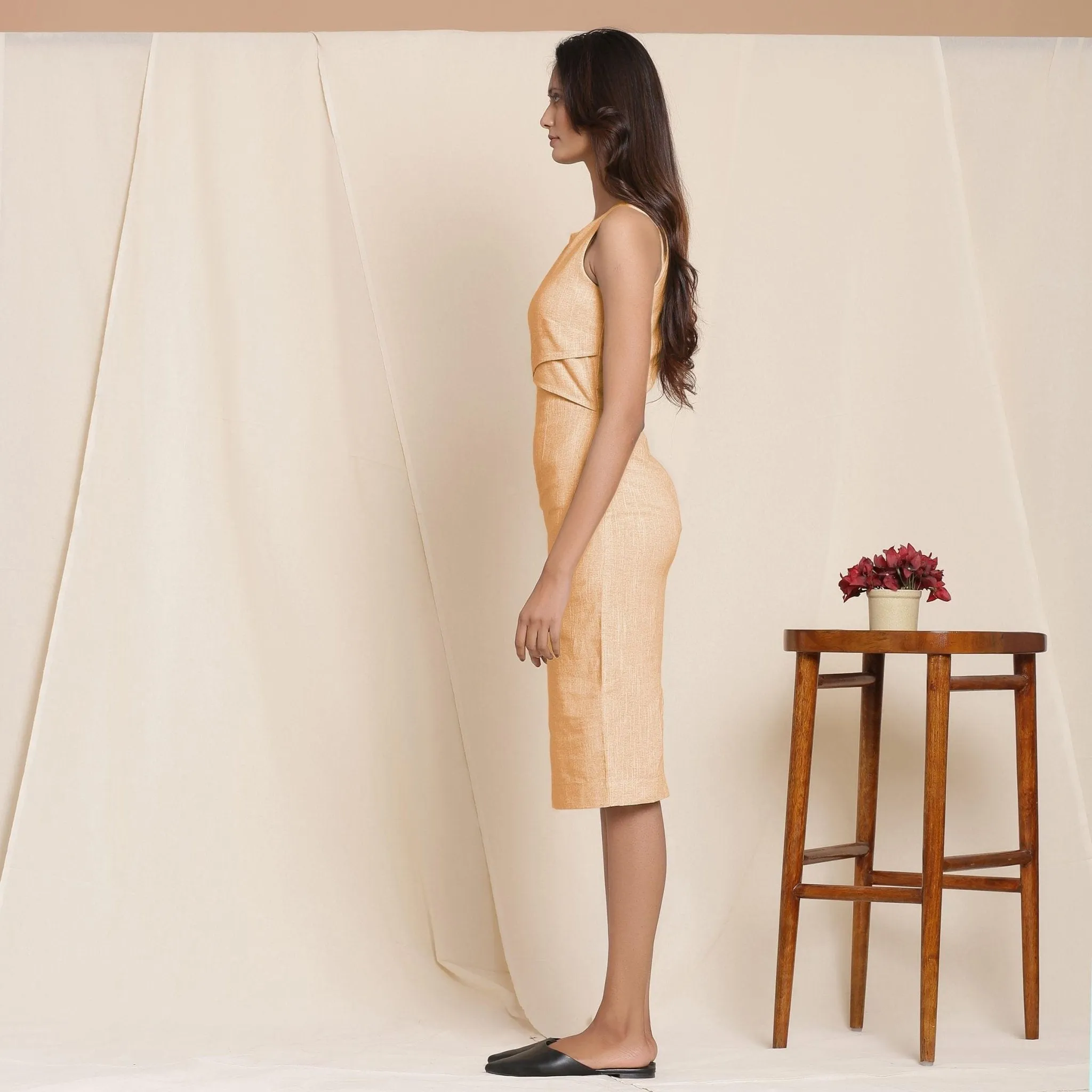 Yellow Yarn Dyed Cotton Knee Length Sheath Dress